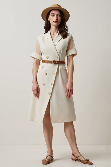 Apricot Notched Lapel A Line Midi Work Dress with Belt